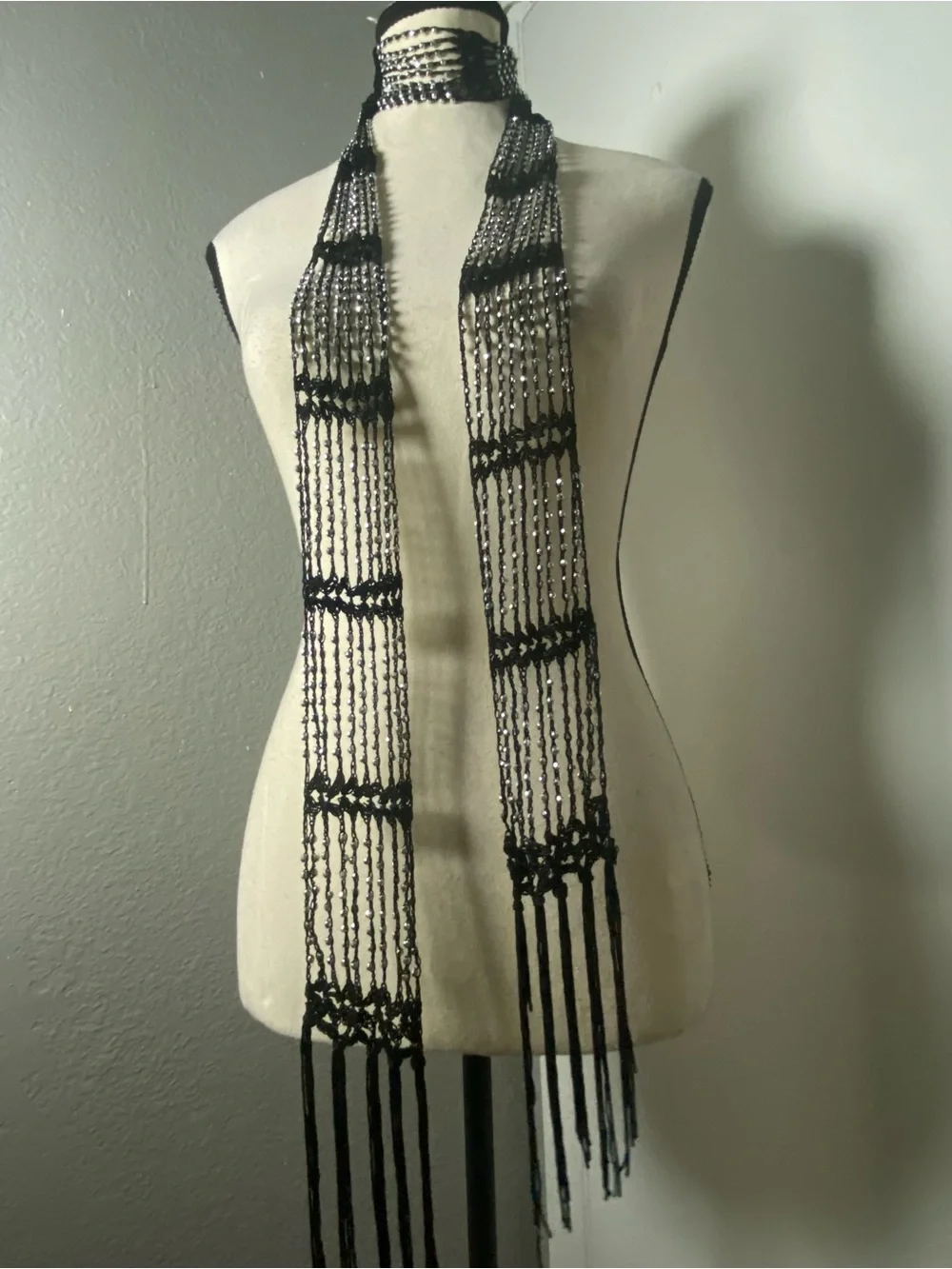 Y2K Black & Silver Beaded Crochet Fringe Skinny Scarf - Picture 1 of 5